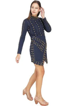 Gold Metal Studded Navy Blue Dress