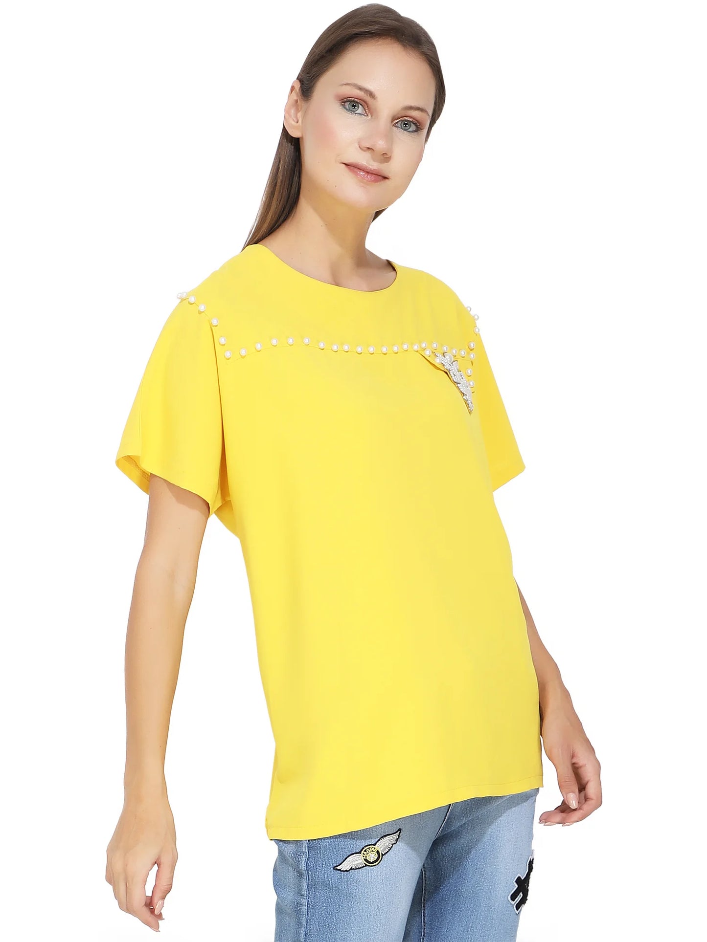 White Pearl Studded Yellow T-Shirt