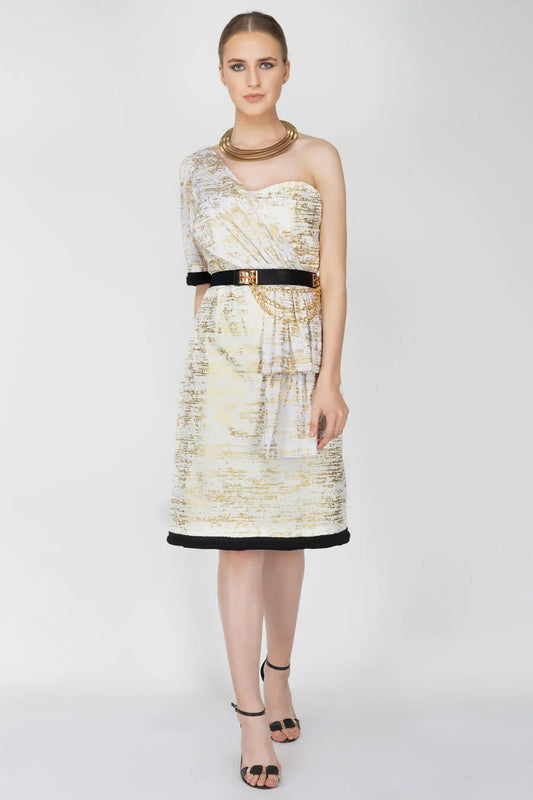 Foil Printed One-Shoulder Sheath Dress