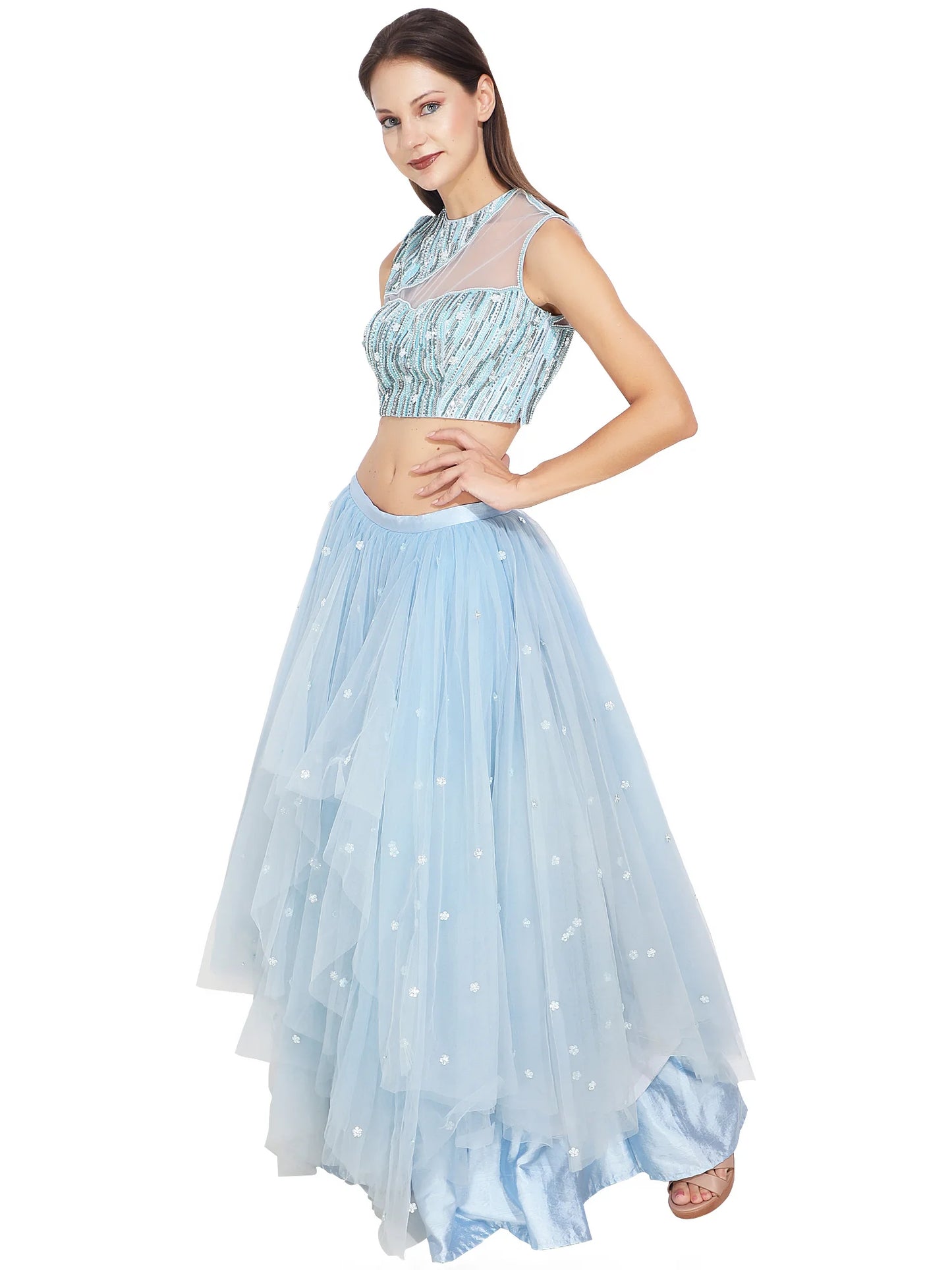 Powder Blue Sequin Cutout Net Lehenga
