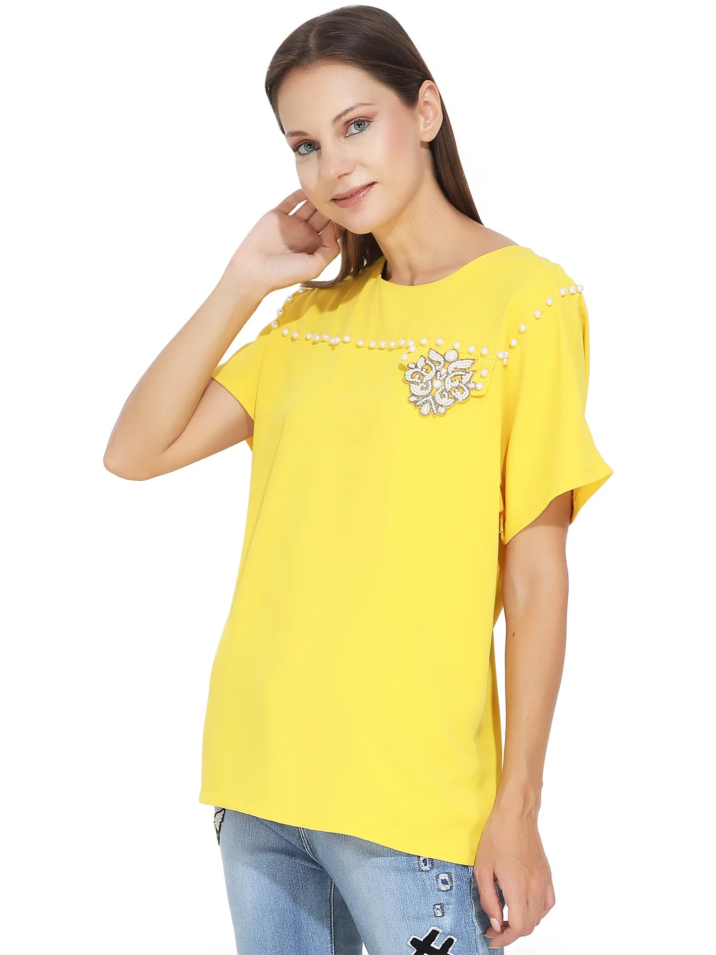 White Pearl Studded Yellow T-Shirt