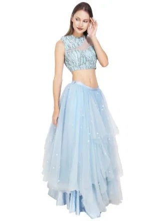 Powder Blue Sequin Cutout Net Lehenga