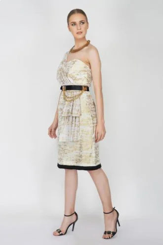 Foil Printed One-Shoulder Sheath Dress