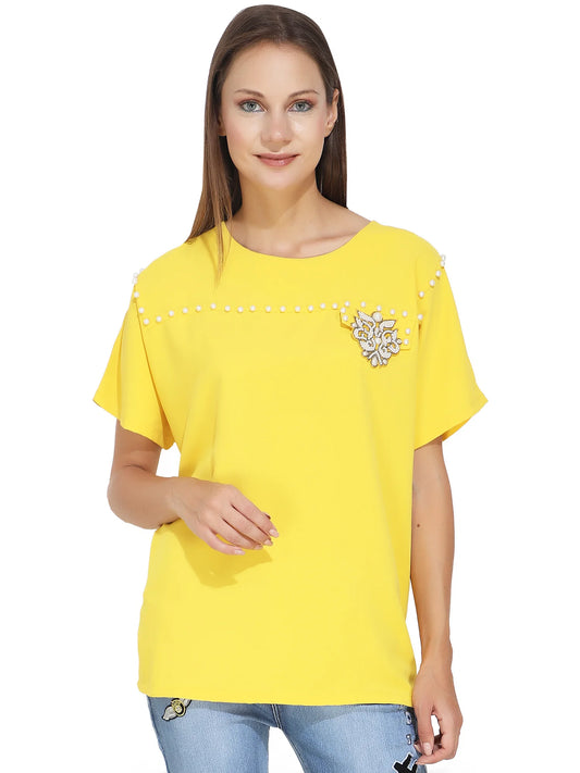 White Pearl Studded Yellow T-Shirt