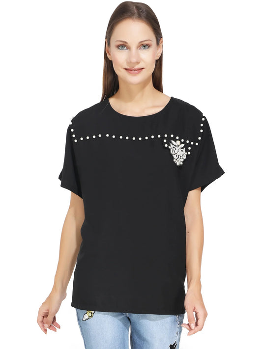 White Pearl Studded Black T-Shirt