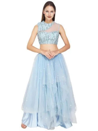 Powder Blue Sequin Cutout Net Lehenga