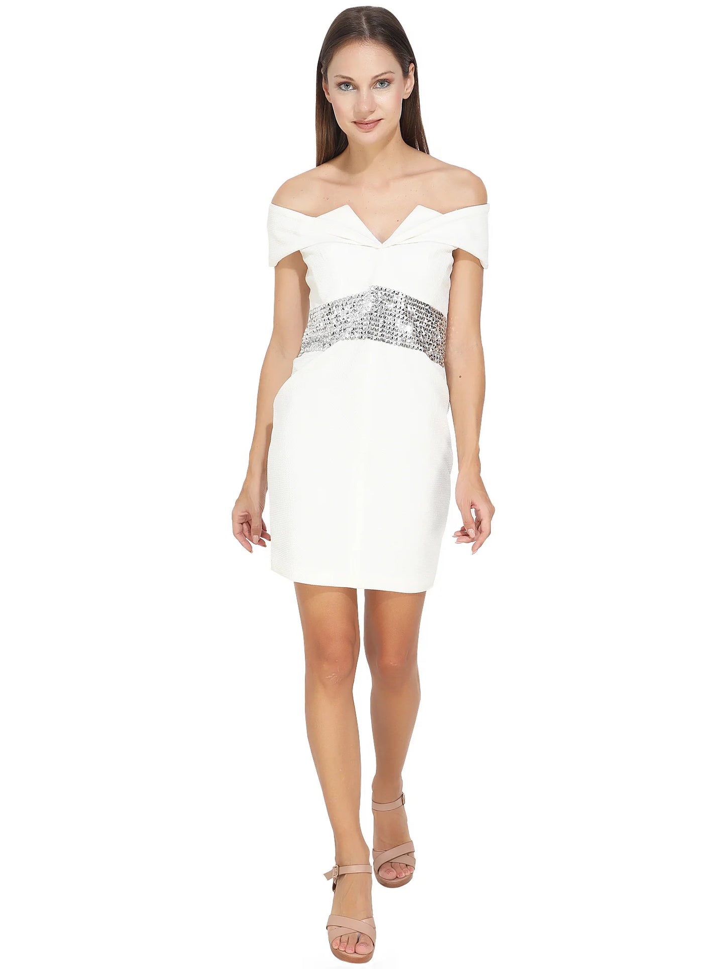 Self Embossed White Lycra Dress