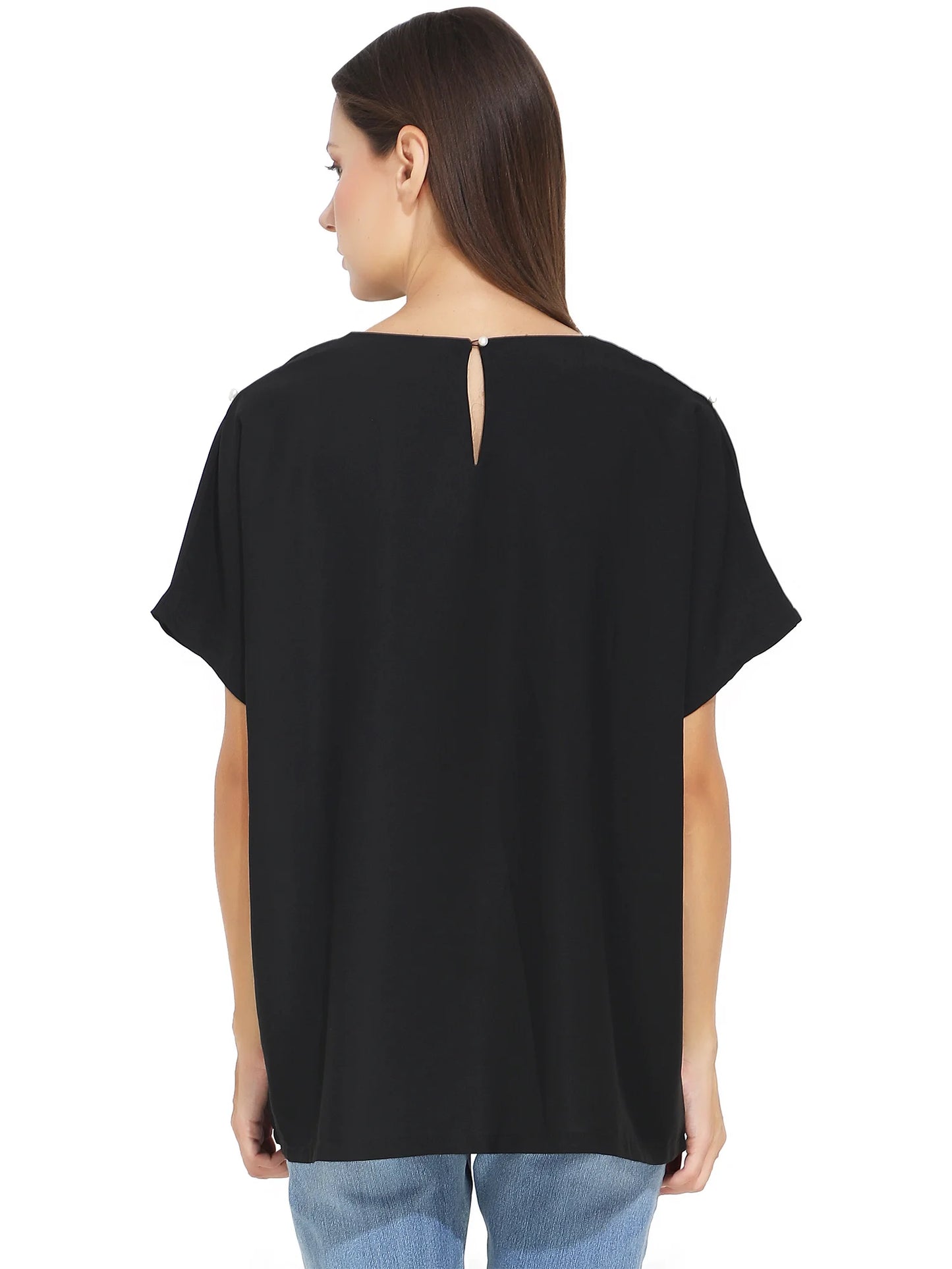 White Pearl Studded Black T-Shirt