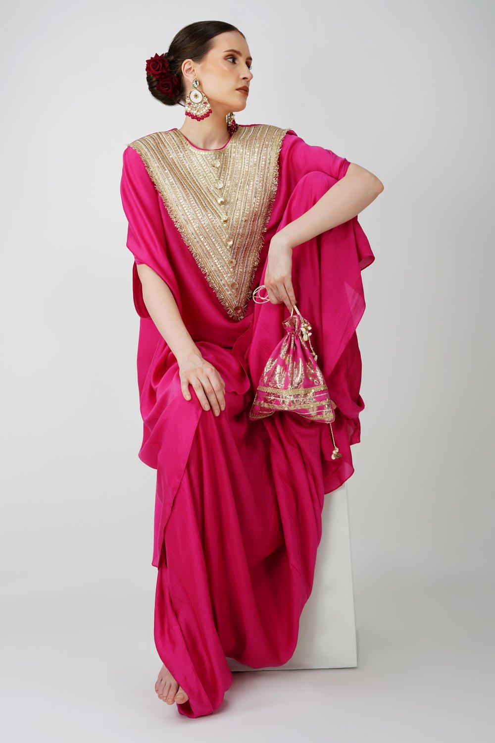 Royal Fuschia High Low kaftan with cowl drape skirt