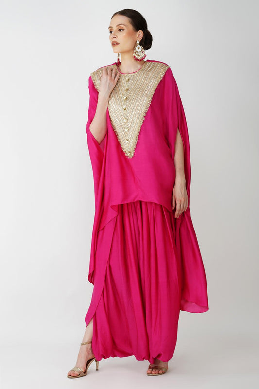 Royal Fuschia High Low kaftan with cowl drape skirt