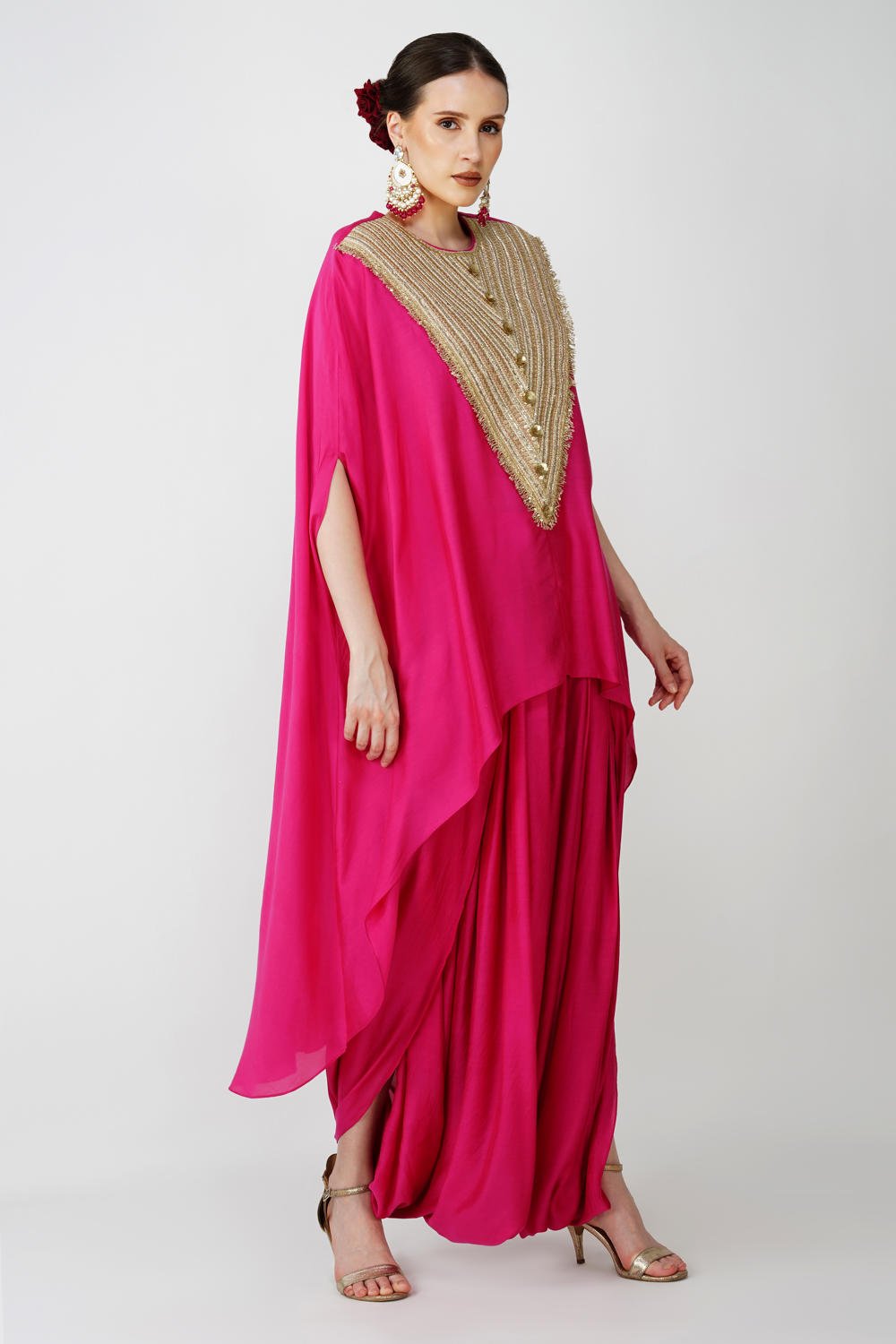 Royal Fuschia High Low kaftan with cowl drape skirt