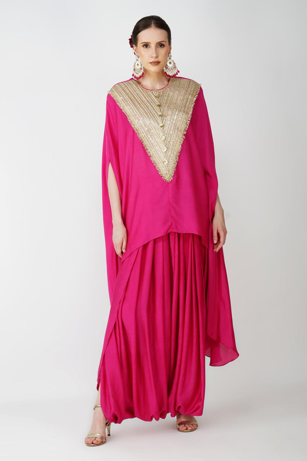 Royal Fuschia High Low kaftan with cowl drape skirt
