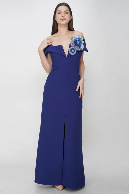 Off Shoulder Blue Flower Detailed Dress