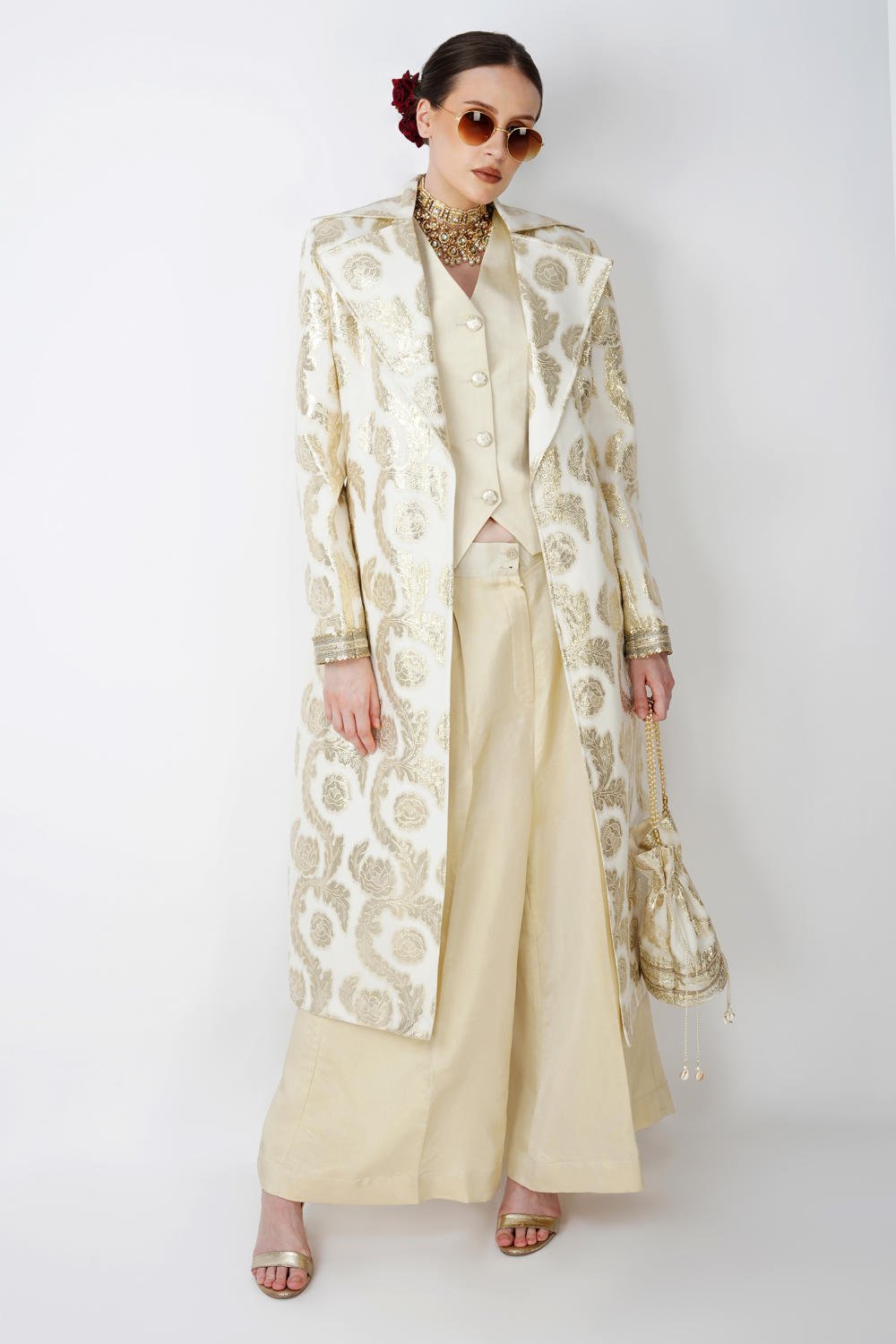 Beige Jacquard long jacet with waistcoat Ensemble (Set of 3)