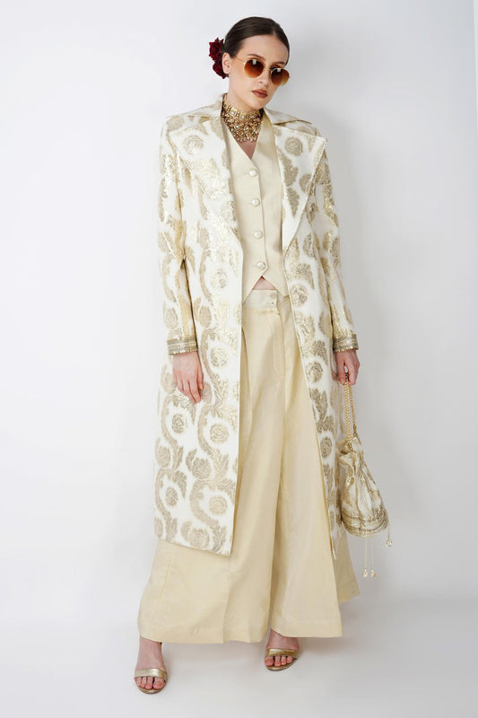 Beige Jacquard long jacet with waistcoat Ensemble (Set of 3)
