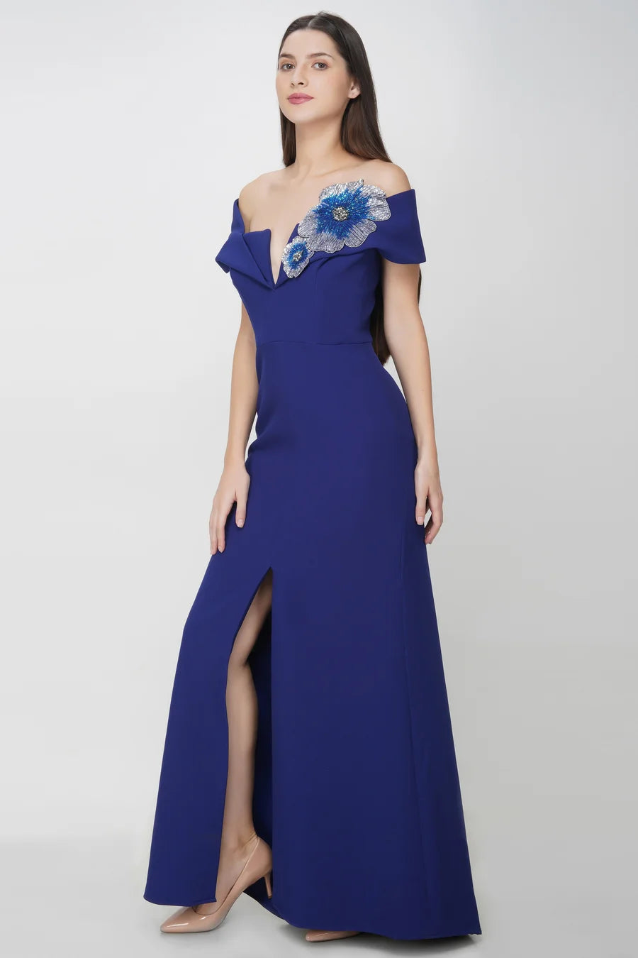 Off Shoulder Blue Flower Detailed Dress