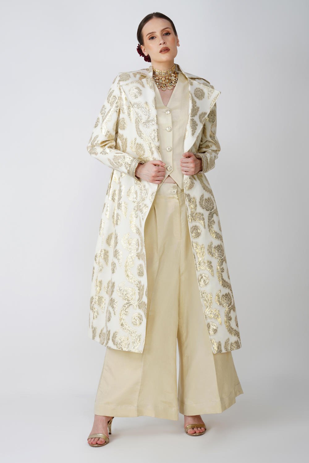 Beige Jacquard long jacet with waistcoat Ensemble (Set of 3)