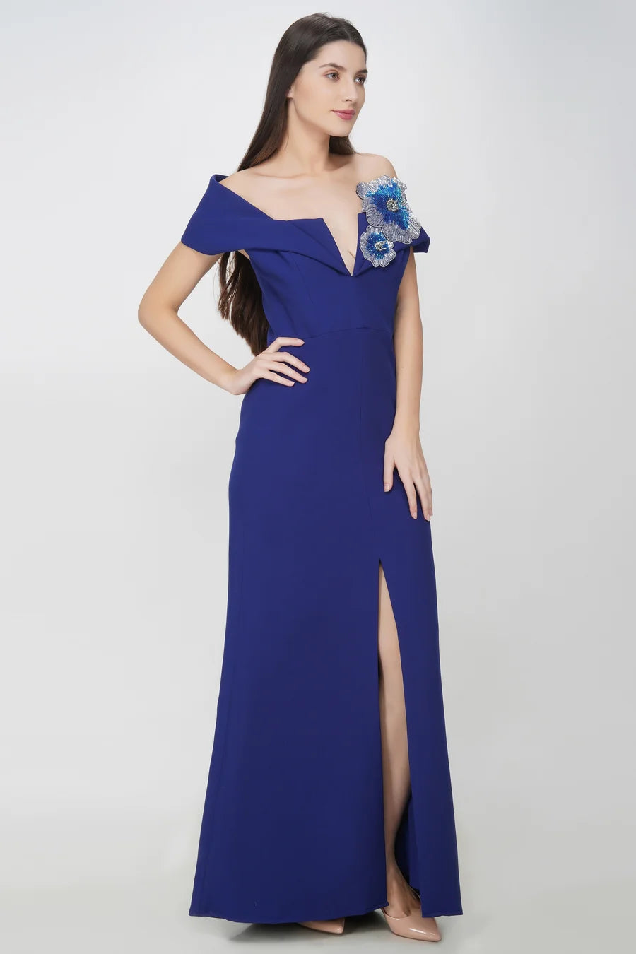 Off Shoulder Blue Flower Detailed Dress