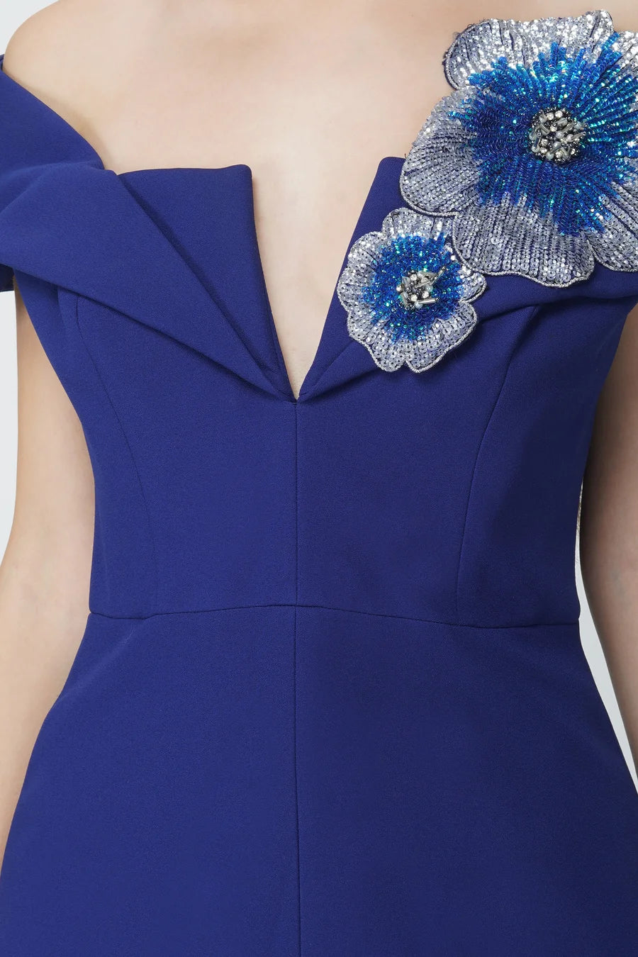 Off Shoulder Blue Flower Detailed Dress