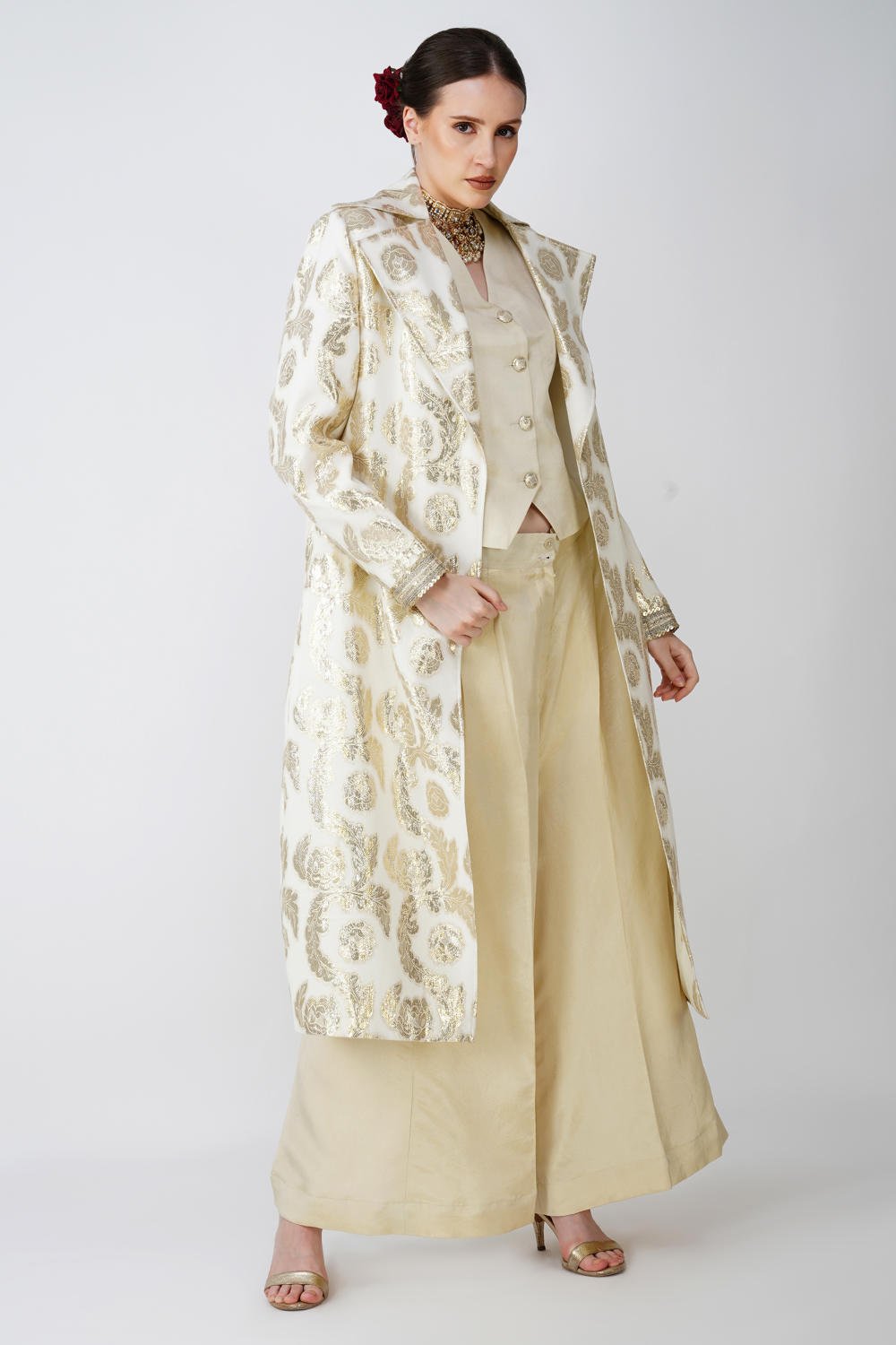 Beige Jacquard long jacet with waistcoat Ensemble (Set of 3)