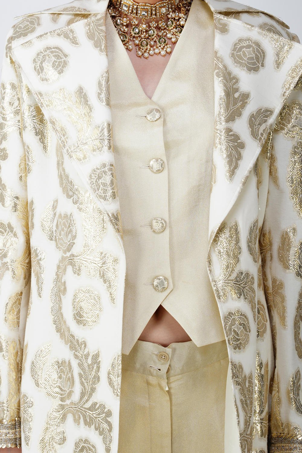 Beige Jacquard long jacet with waistcoat Ensemble (Set of 3)