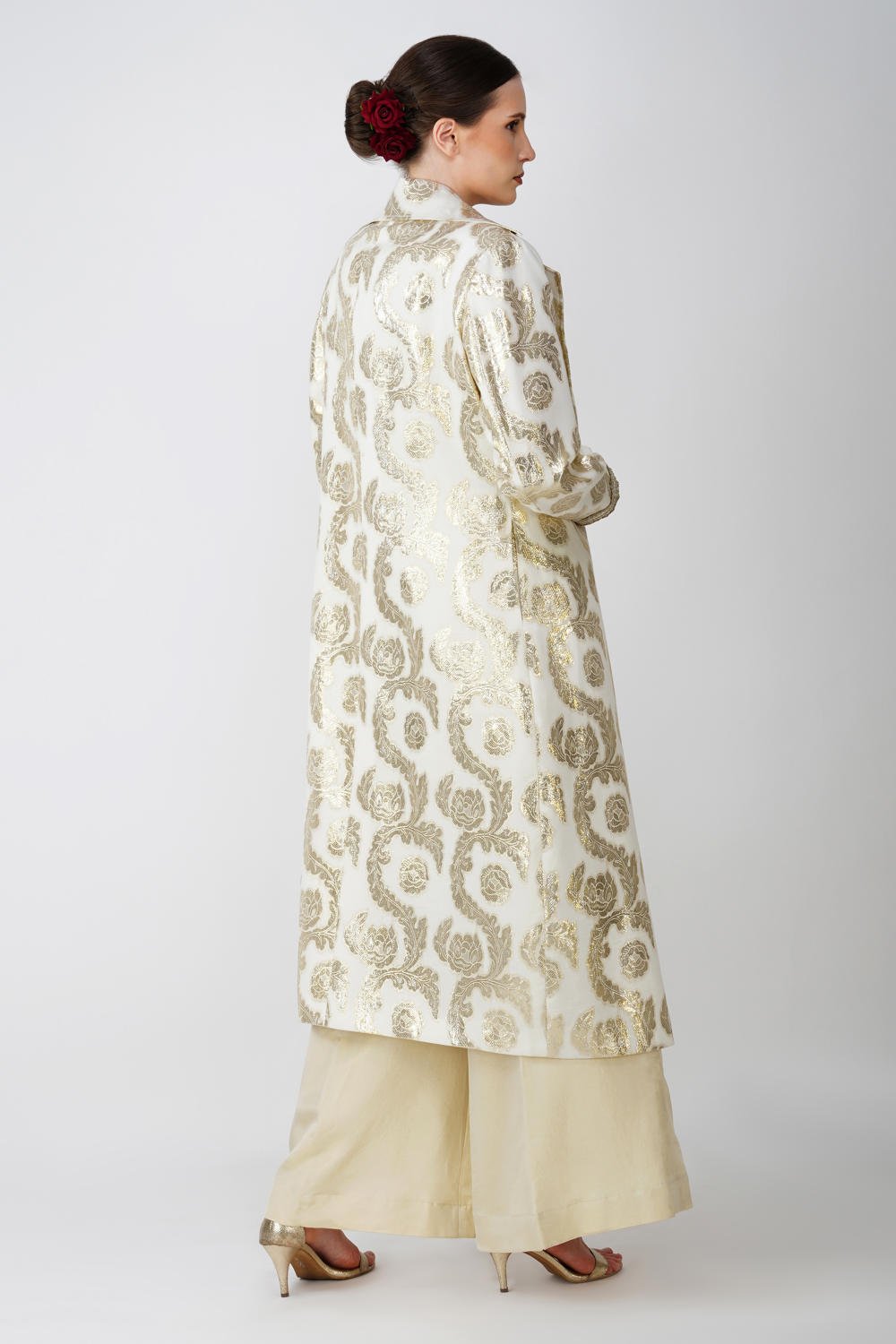 Beige Jacquard long jacet with waistcoat Ensemble (Set of 3)