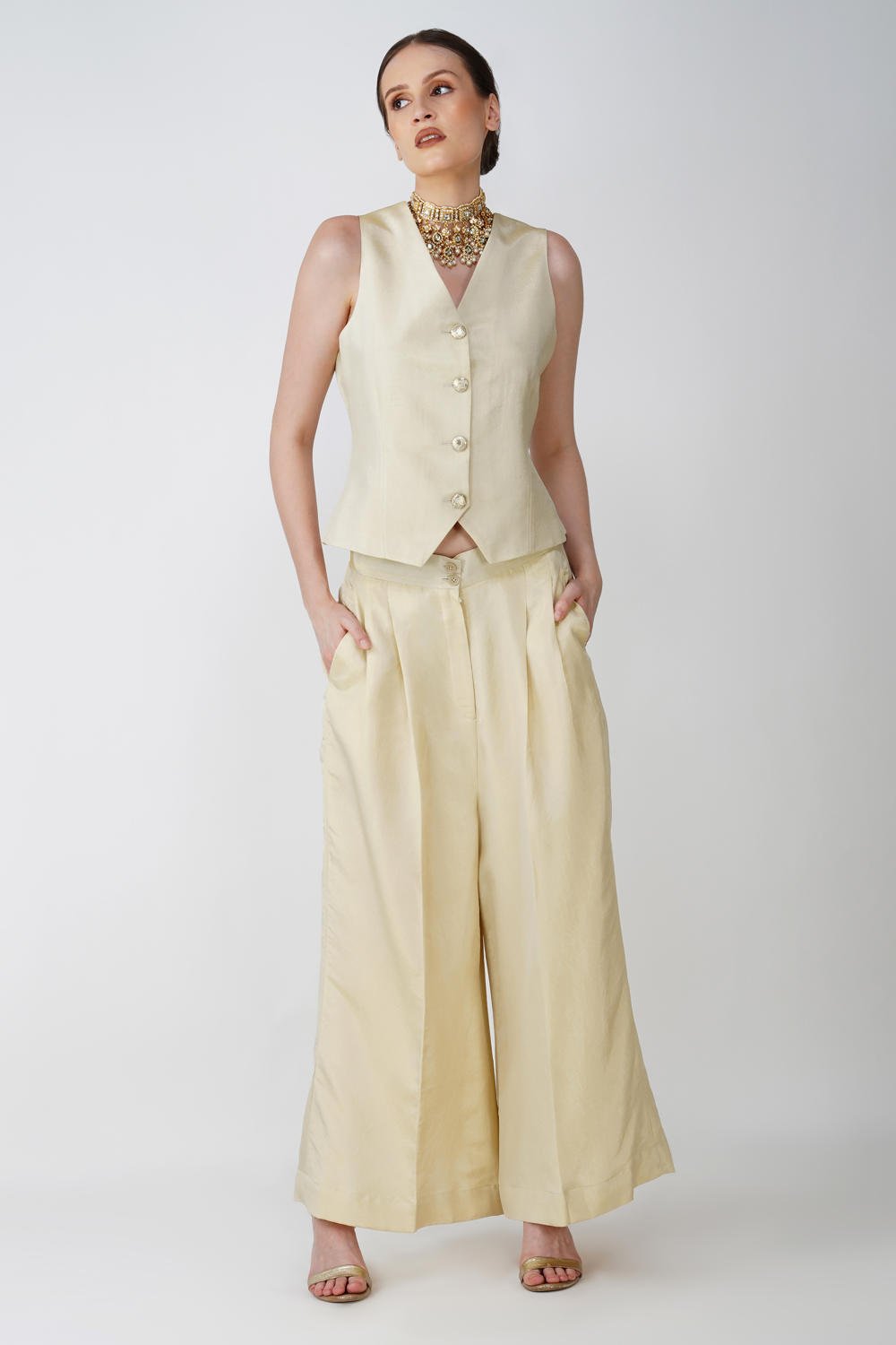 Beige Jacquard long jacet with waistcoat Ensemble (Set of 3)