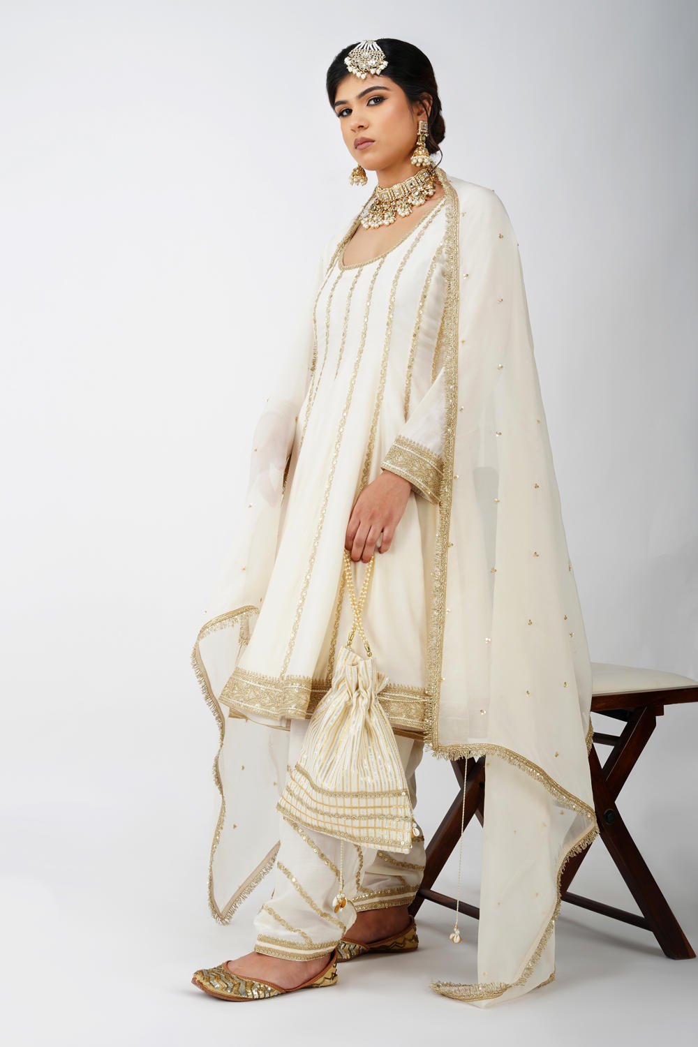Ivory Beige Frock-Style Anarkali Suit Set