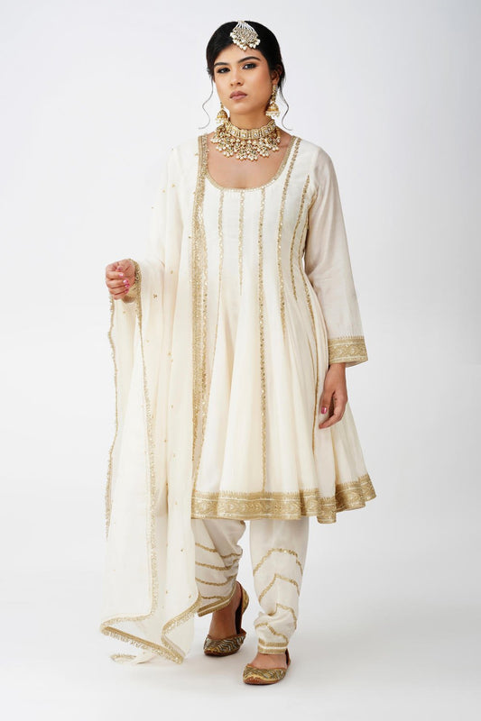 Ivory Beige Frock-Style Anarkali Suit Set