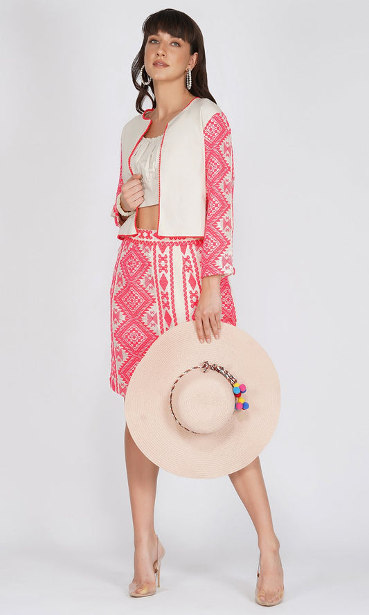 Beige Jacket and Neon Pink Skirt Set (Set of 2)