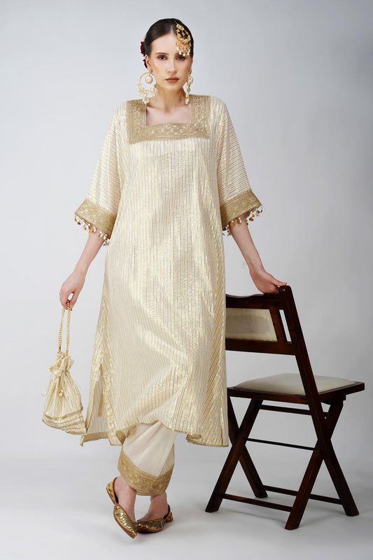 Heritage Beige cotton lurex kaftan with Golden Embellishments
