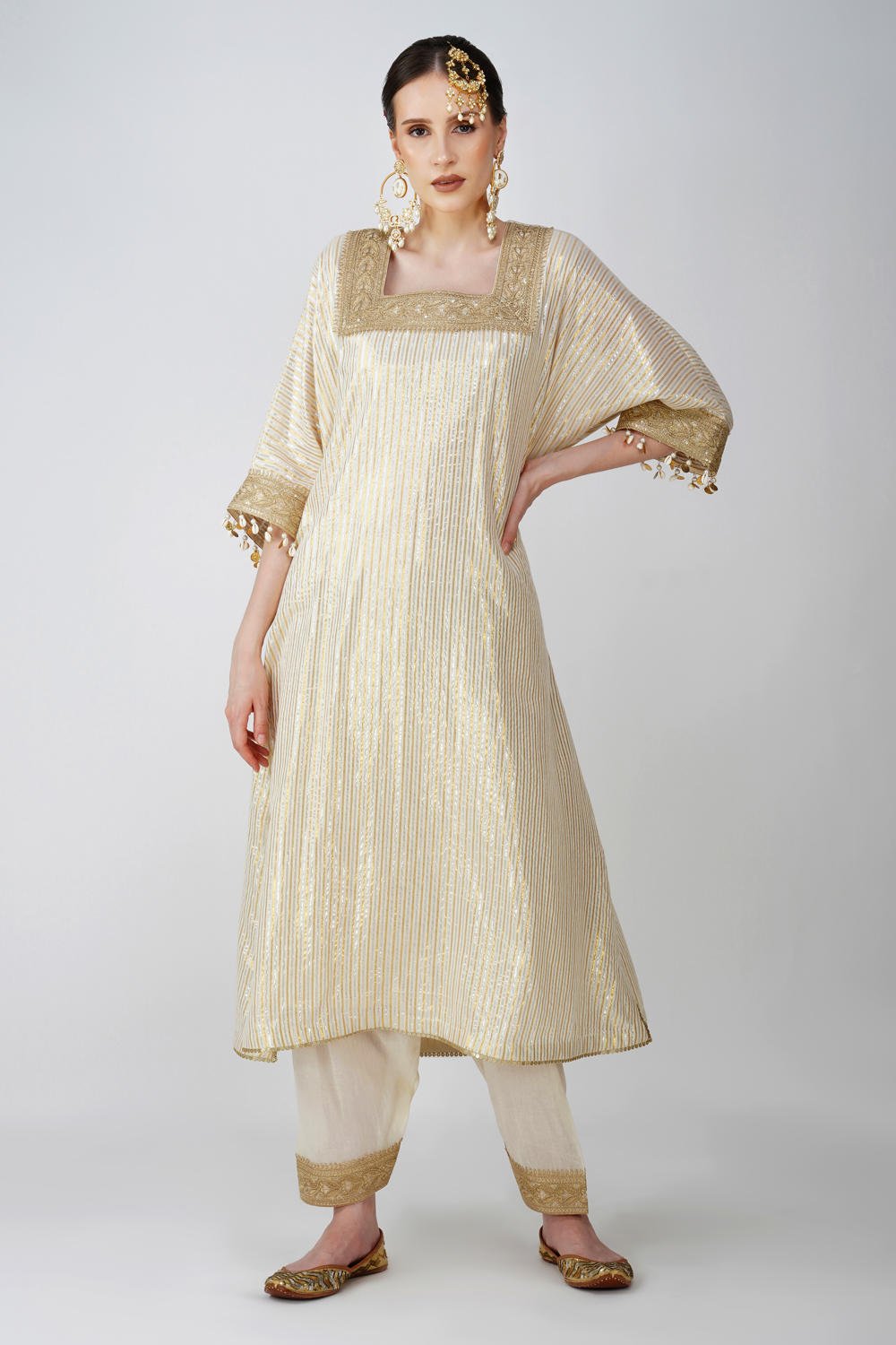 Heritage Beige cotton lurex kaftan with Golden Embellishments