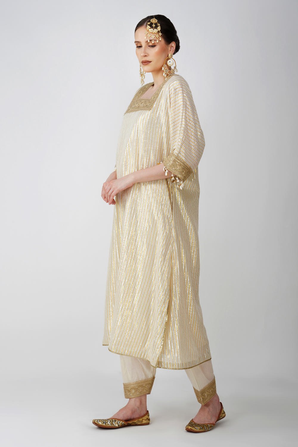Heritage Beige cotton lurex kaftan with Golden Embellishments