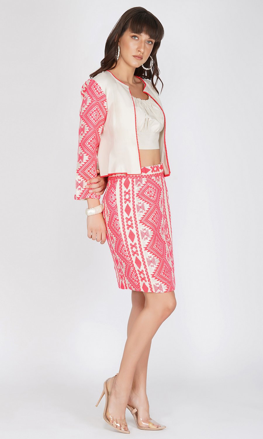 Beige Jacket and Neon Pink Skirt Set (Set of 2)