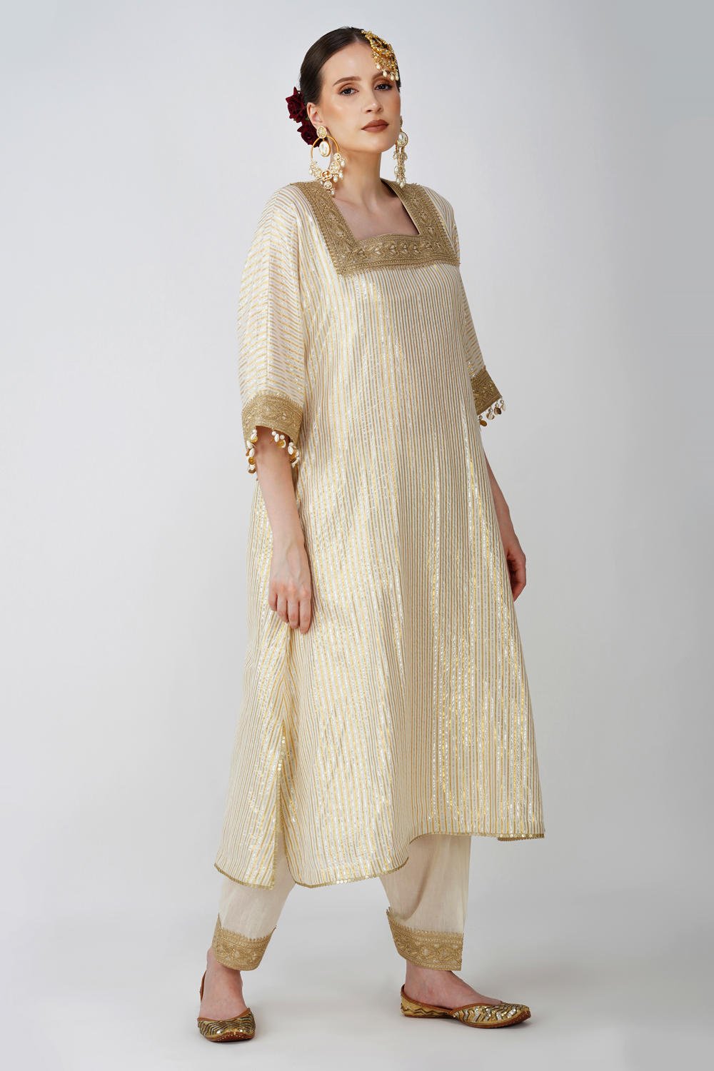 Heritage Beige cotton lurex kaftan with Golden Embellishments