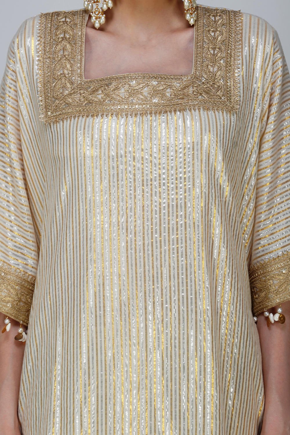Heritage Beige cotton lurex kaftan with Golden Embellishments