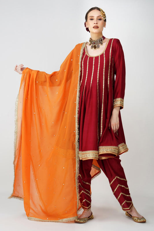 Mahroon-Rustic Charm Frock-Style Anarkali Suit Set
