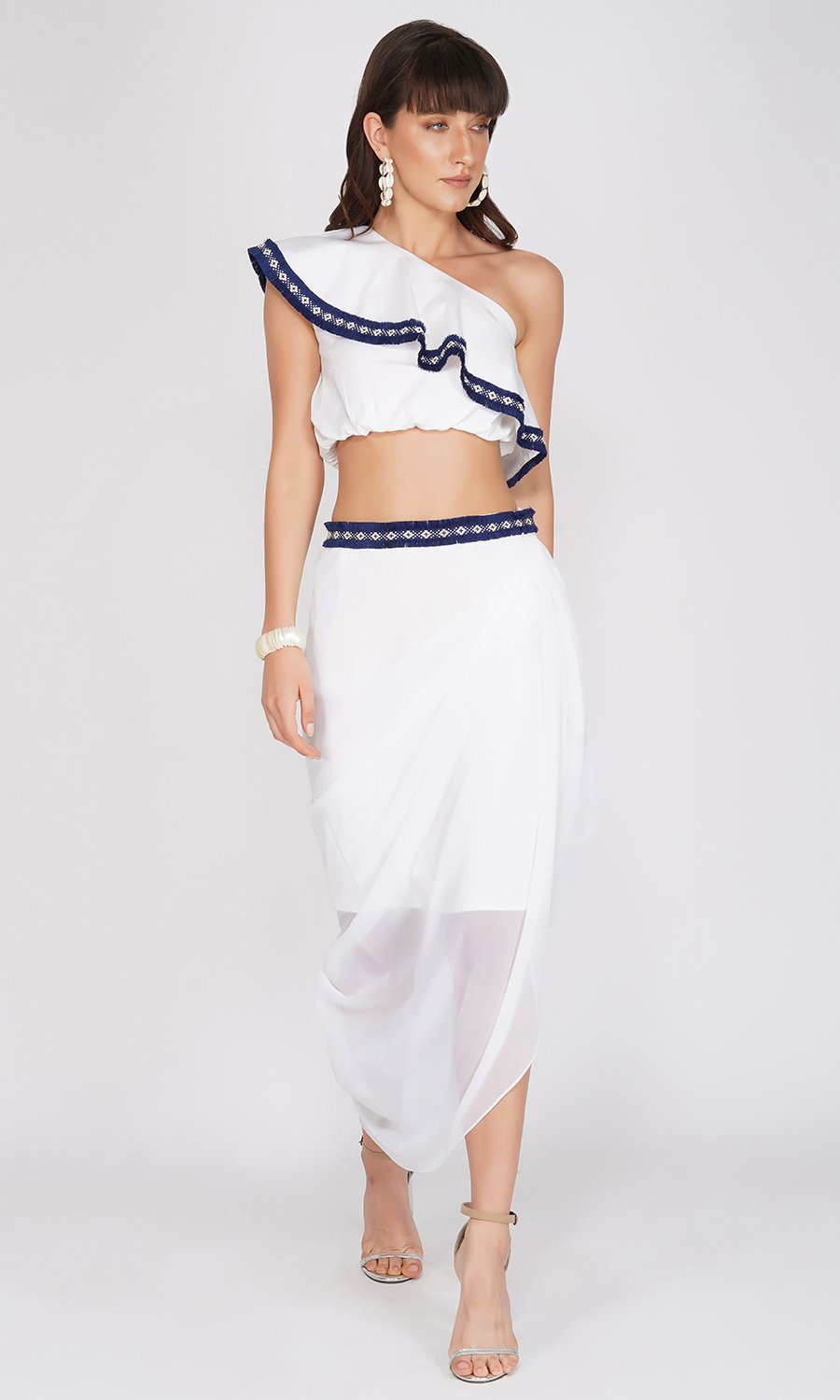 White Crop top with Drape Skirt