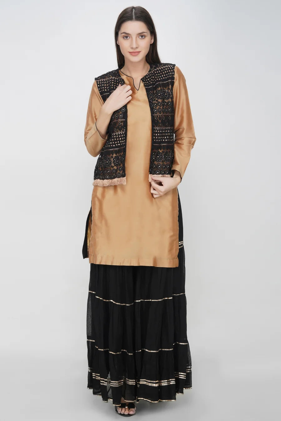 Classy Beige Black Sharara Trio