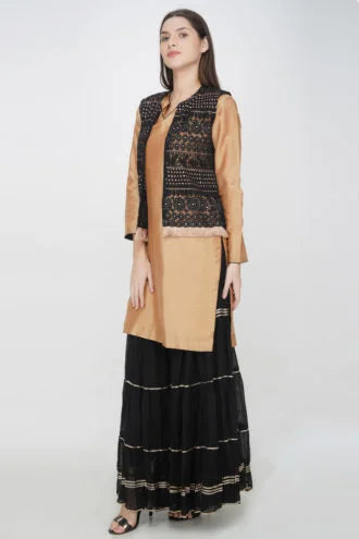 Classy Beige Black Sharara Trio