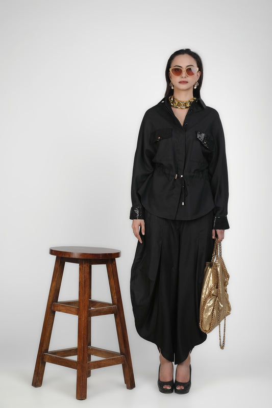 Black Sequin Pocket Collar Style Shirt