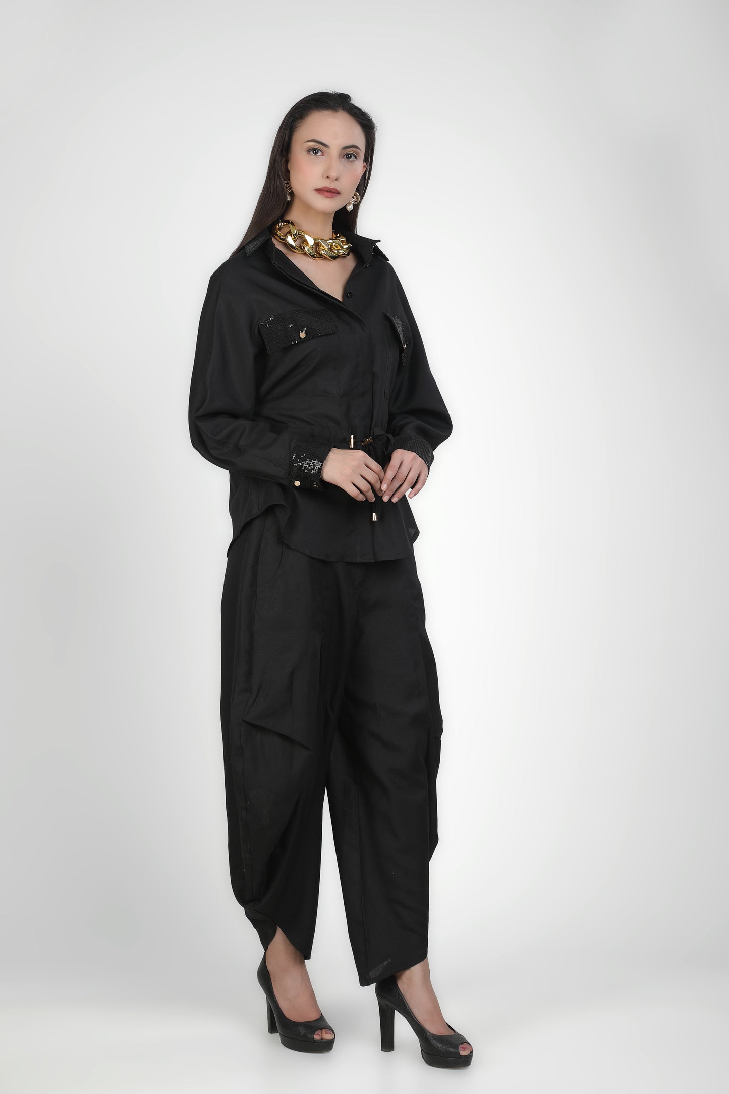 Sequin Pocket Collar Style Shirt & Tulip Dhoti Pant