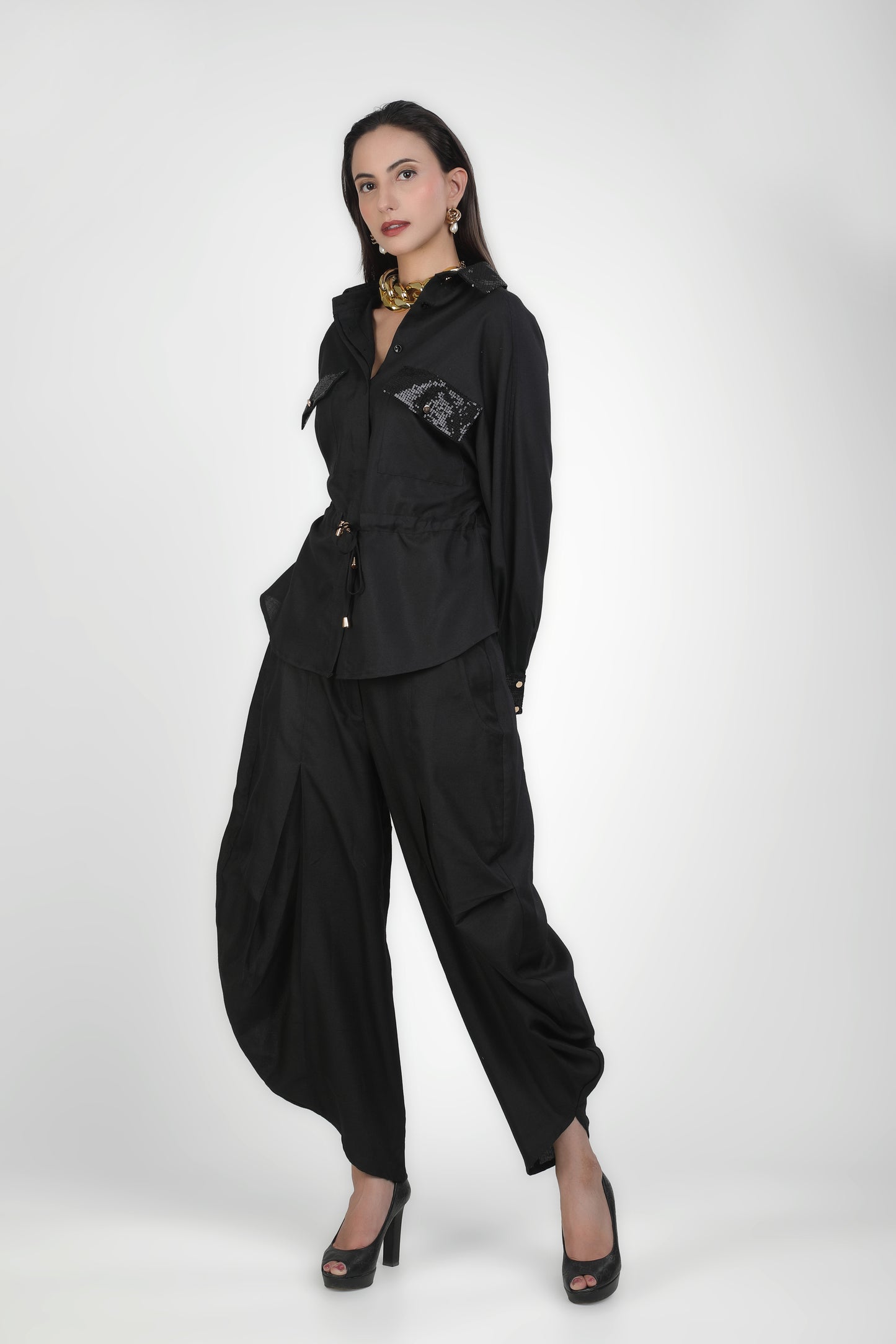 Sequin Pocket Collar Style Shirt & Tulip Dhoti Pant