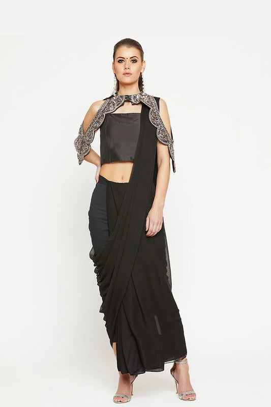 Black Saree With Detachable Collar