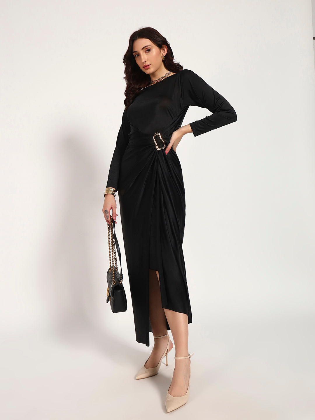 Black Lycra Drape Dress with Gold Buckle