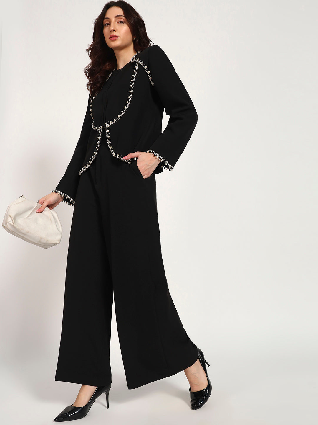 Black Pearl-Embellished Banana Crepe jacket Set(Set of 2)