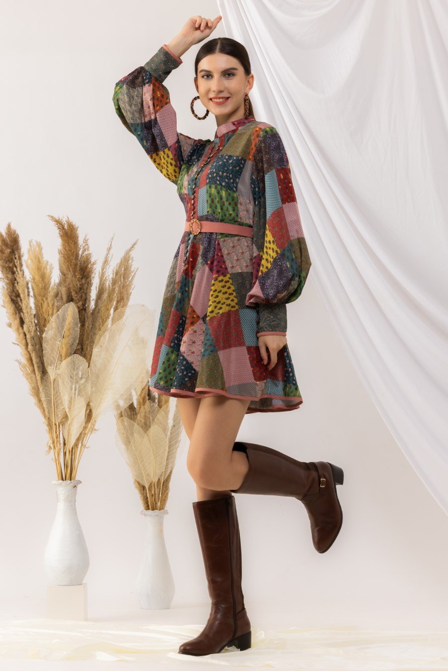 Bohemian Digital Printed Short Dress With Lantern Sleeves