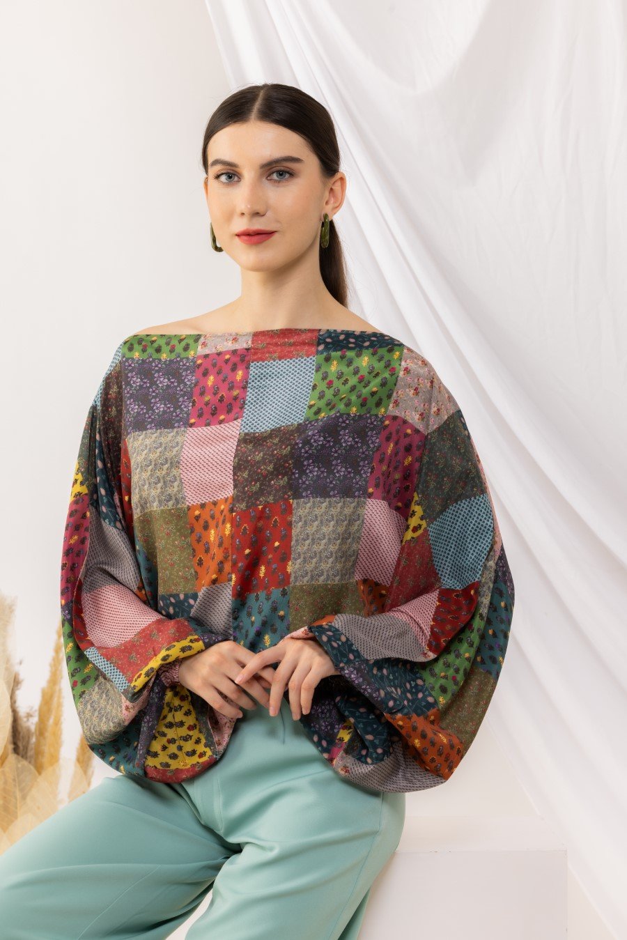 Bohemian Digital Printed Off Shoulder With Balloon Sleeves Top