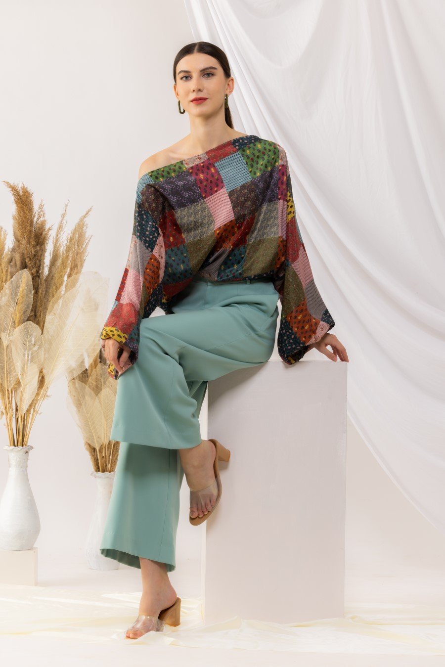 Bohemian Digital Printed Off Shoulder With Balloon Sleeves Top