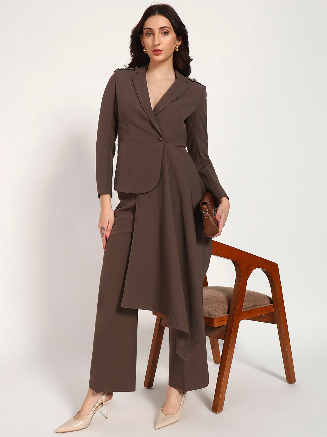 Brown Banana Crepe Blazer Co-Ord Set(Set of 2)